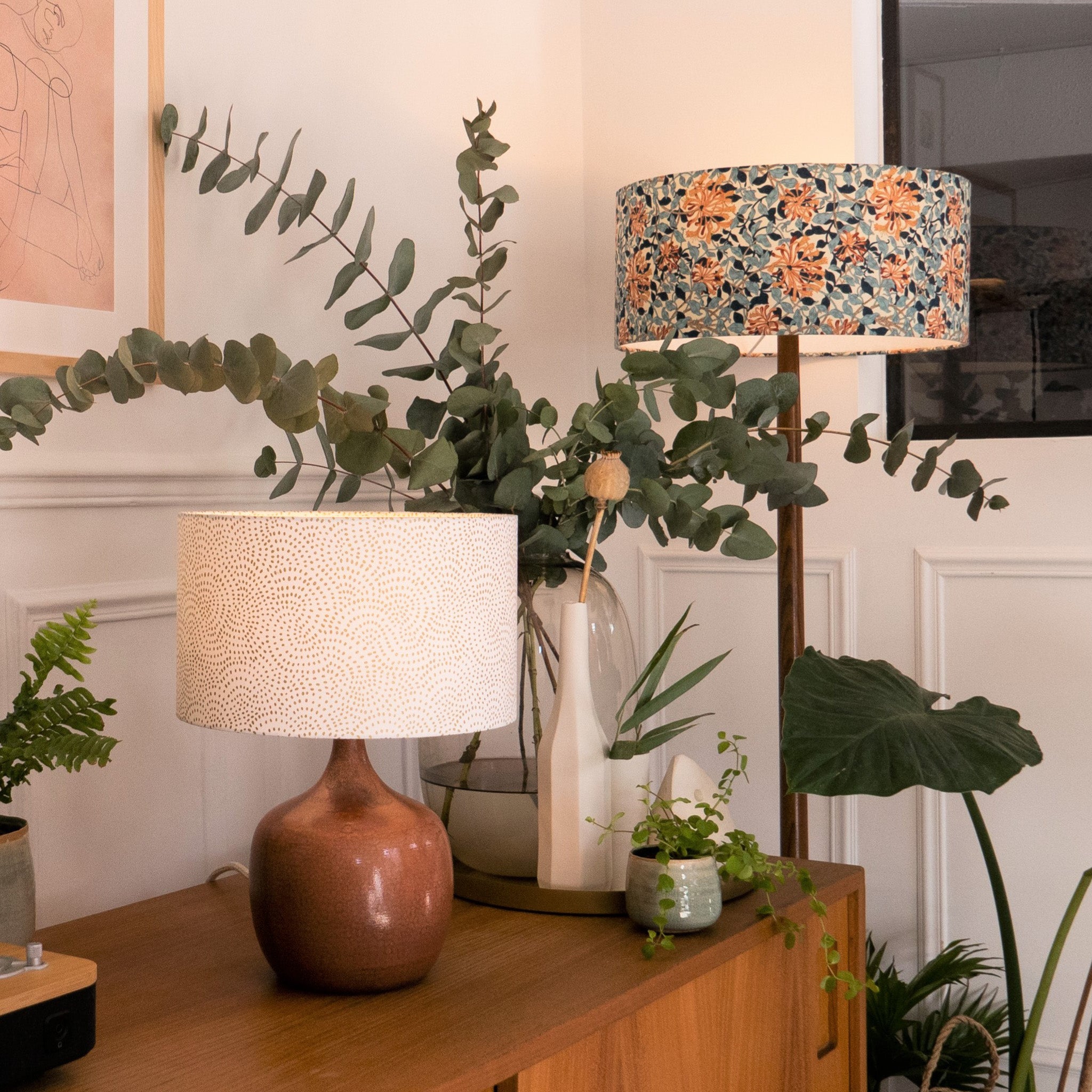 Abat-jour Honeysuckle D40 cm et abat-jour Sésame D25 cm