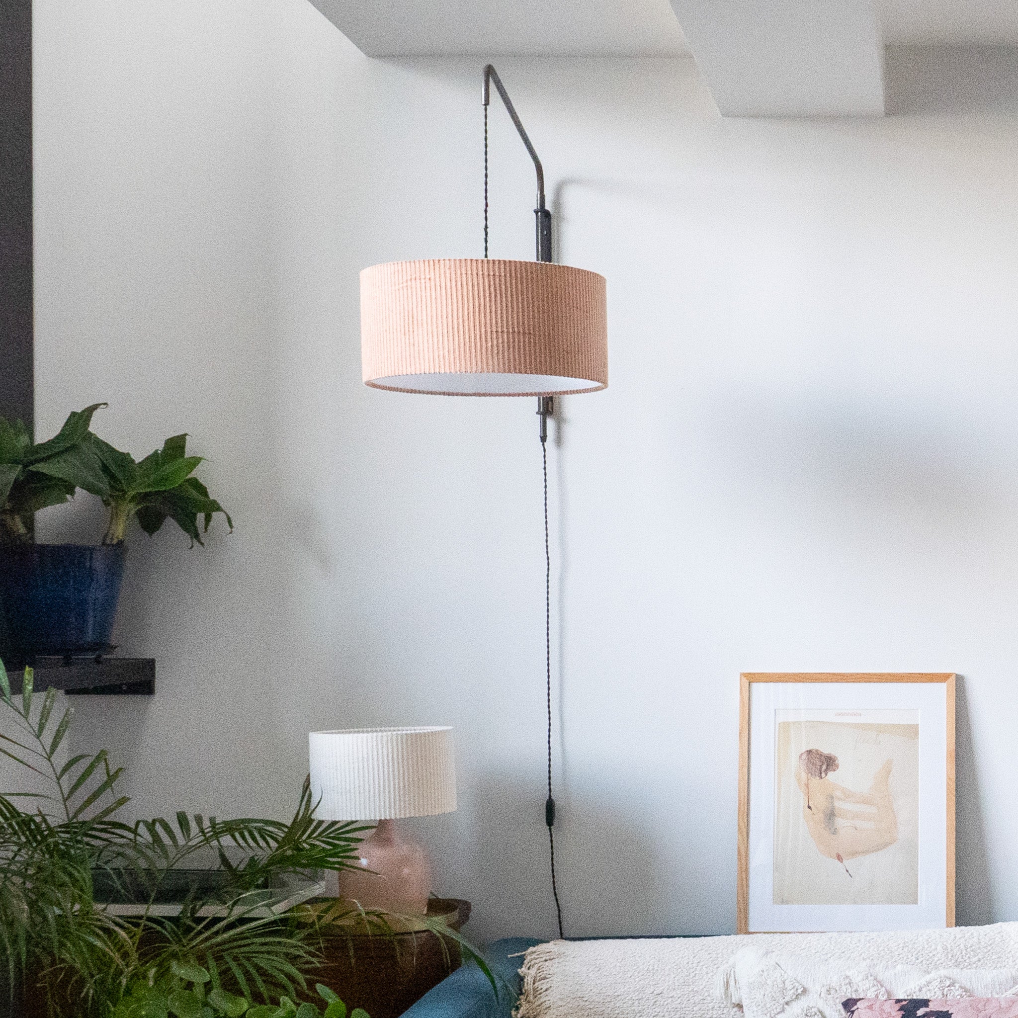 Suspension Velours côtelé maple D40cm et abat-jour Velours côtelé off-white D25 cm