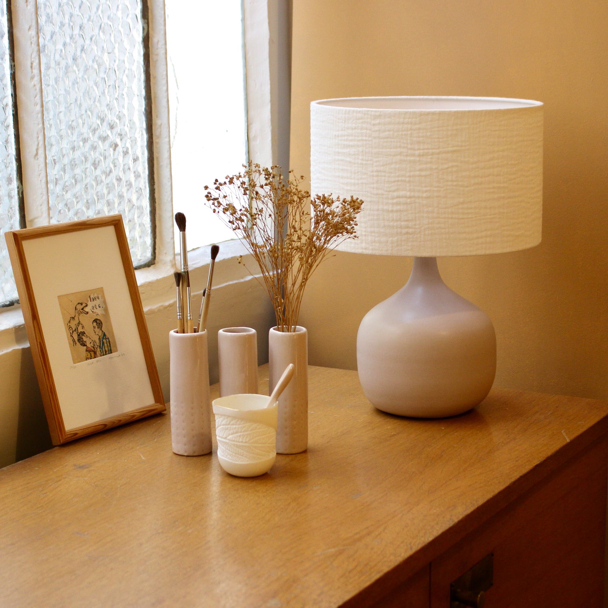 Lampe Terra Poudré avec abat-jour Gaze écru D25 cm